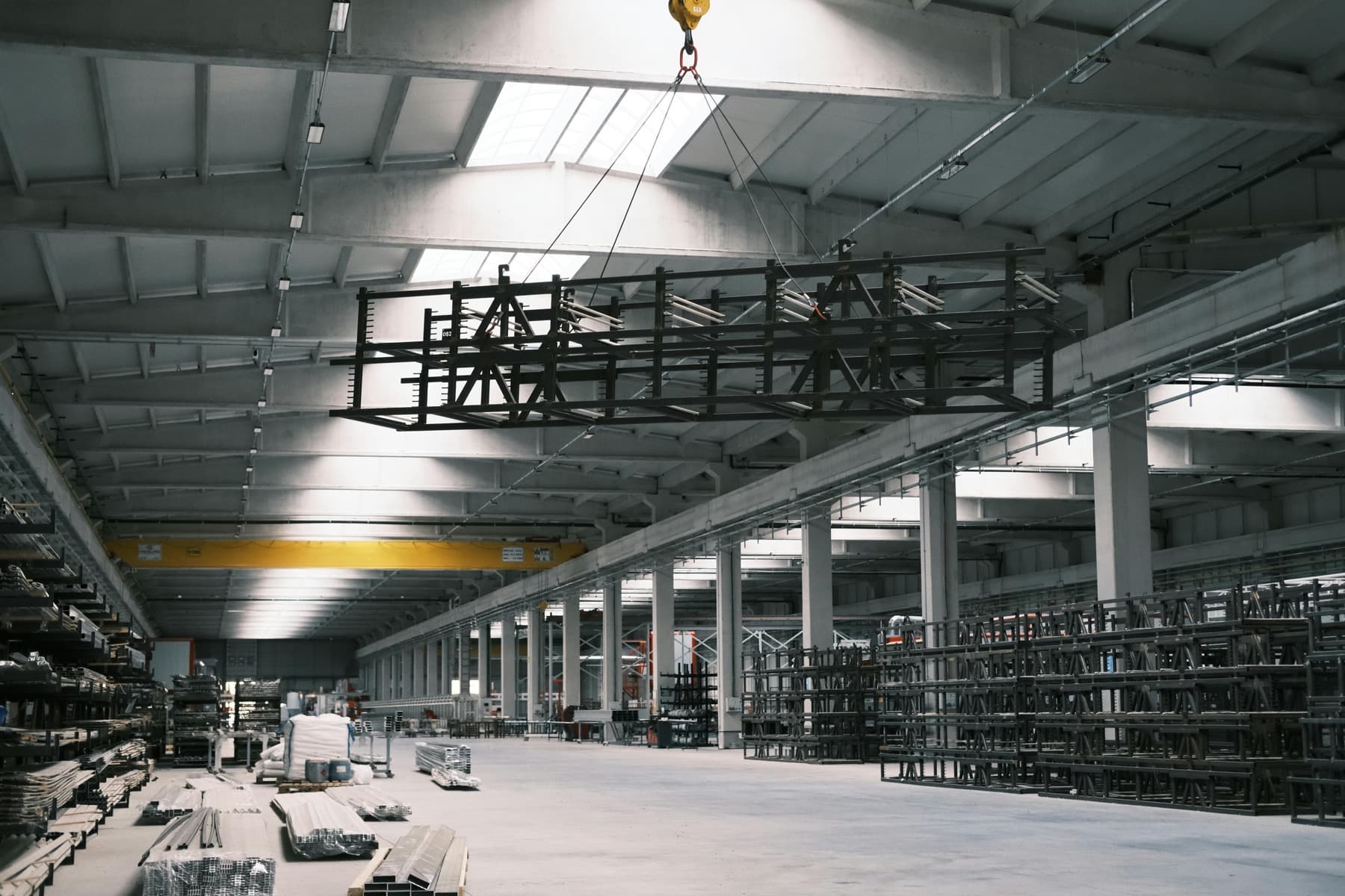 Industrial warehouse with overhead crane and steel structure